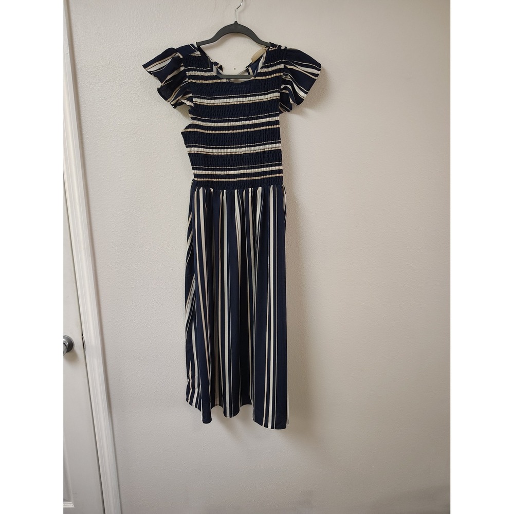 Altar'd State Navy White Striped Smocked Midi Dress Flutter Sleeve V-Back Size M
